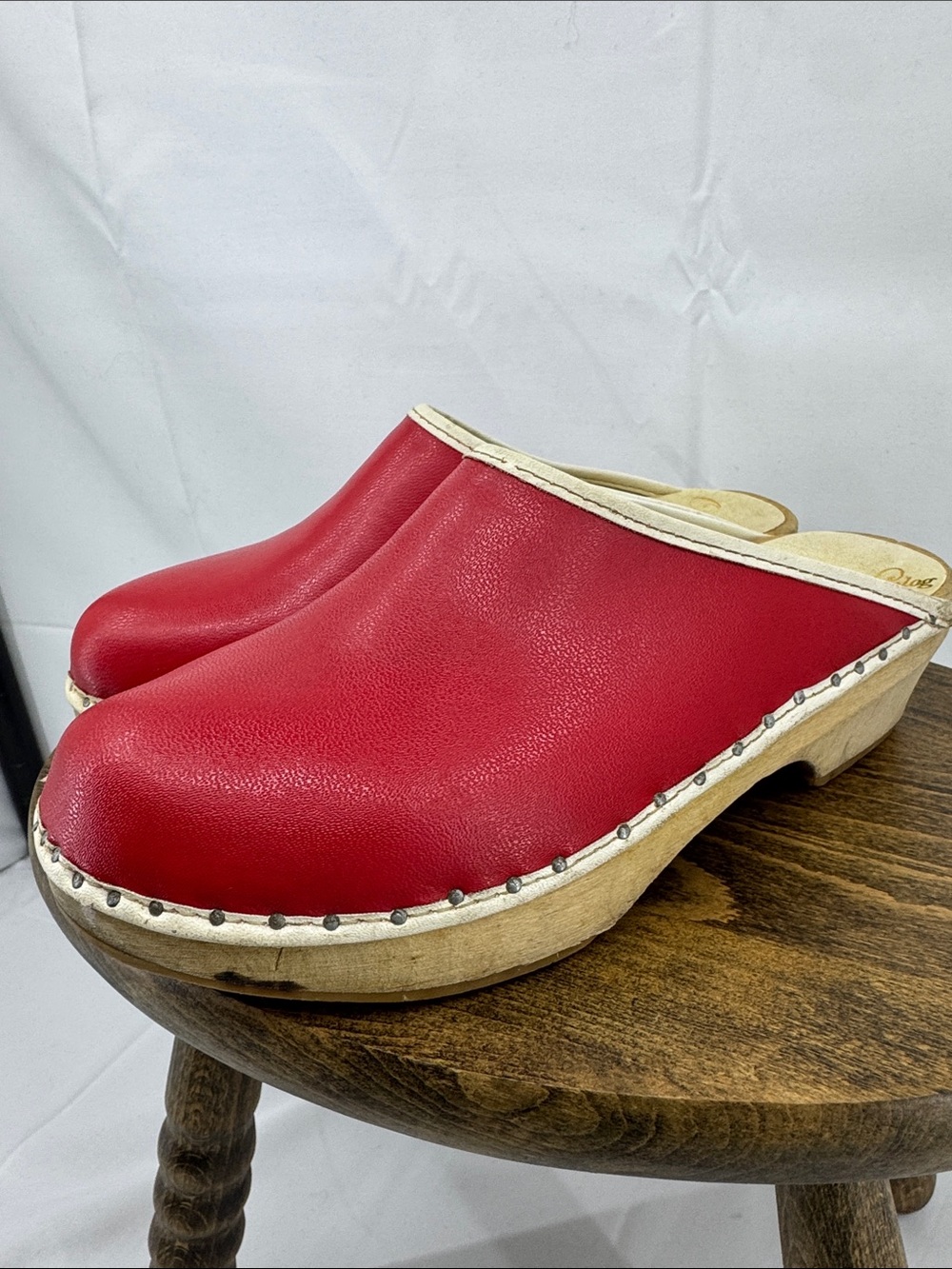 Vintage 70s Swedish Red Leather Wood Clogs w/ White Piping / Accent, sz 35